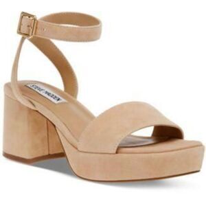 Steve Madden Womens 9.5 Mercerr Buckle Ankle Strap Sandals Tan Suede Block Heel